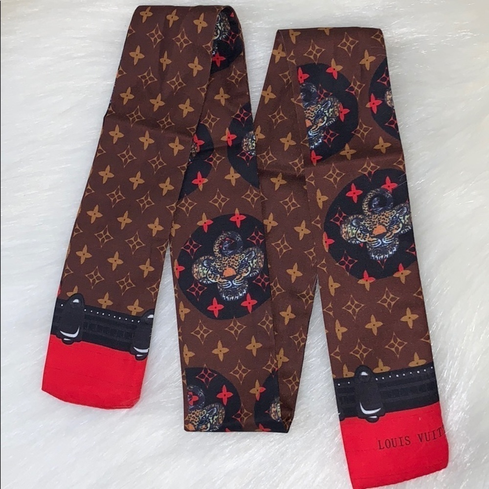 Brown & Red Flower Monogram Leopard Scarf Twilly​​​ - Picture 7 of 8